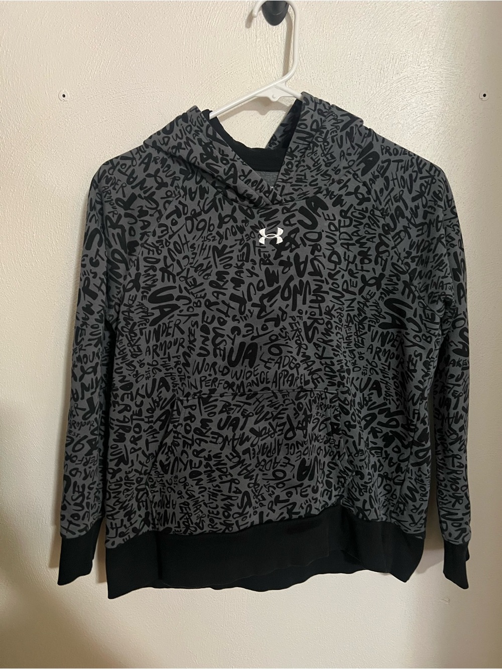 UNDER ARMOUR Athletic Fleece Activewear Graphic Hoodie Black Grey Girl's Sz XL